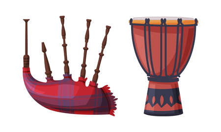 Drum and Bagpipes as Musical Instrument Vector Setのイラスト素材