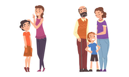 Happy Woman with Kid and Grandparents with Grandson Standing Together Vector Setのイラスト素材