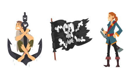 Man Pirate or Buccaneer Character Standing with Sword and Sitting on Anchor Vector Setのイラスト素材