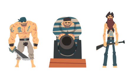 Bearded Brutal Man Pirate or Buccaneer Character Standing and Smiling with Cannon and Rifle Vector Setのイラスト素材