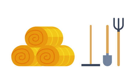 Rolled and Pressed Dry Hay as Crop Harvesting and Garden Tools Vector Setのイラスト素材