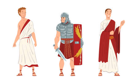 Ancient Roman Soldier or Greek Warrior and Man in Long Tunic Standing Vector Setのイラスト素材