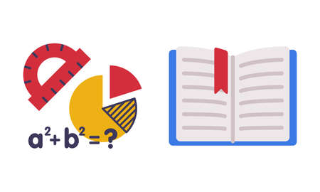 Sum with Pie Chart and Book as School Education Object Vector Set