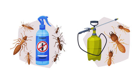 Pest Control with Chemical in Bottle and Ants Vector Setのイラスト素材
