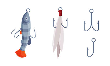 Fish Hook as Tool for Catching Fish Vector Setのイラスト素材