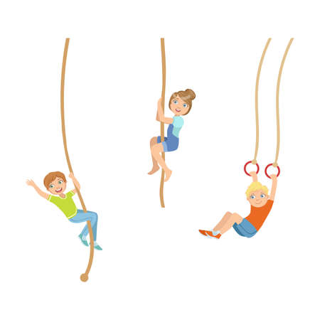 Little Kids Hanging on Rope and Ring Swinging Vector Setのイラスト素材