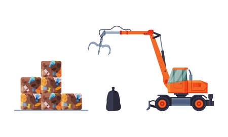 Waste Management or Garbage Processing with Machine Engaged in Trash Treatment Vector Setのイラスト素材
