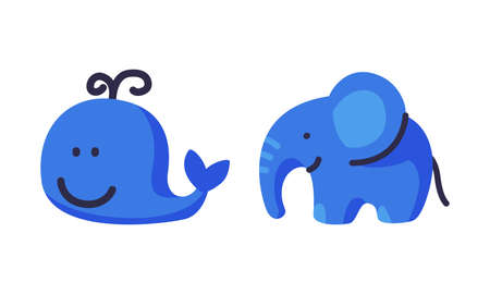 Blue Elephant and Whale as Colorful Kids Toy Vector Set