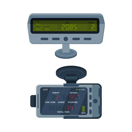 Taximeter as Electronic Device Installed in Taxicab for Calculating Passenger Fare Vector Setのイラスト素材