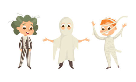 Funny Boy Dressed in Halloween Ghost and Mummy Costume Vector Illustration Setのイラスト素材