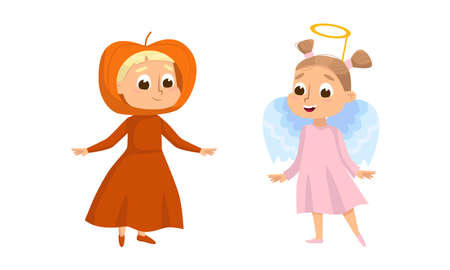 Funny Girl Dressed in Halloween Angel and Pumpkin Costume Vector Illustration Setのイラスト素材