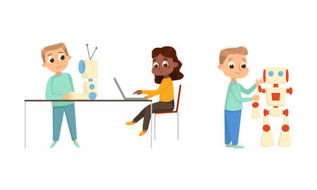 Cute Little Kid Programming and Creating Smart Robot Vector Setのイラスト素材