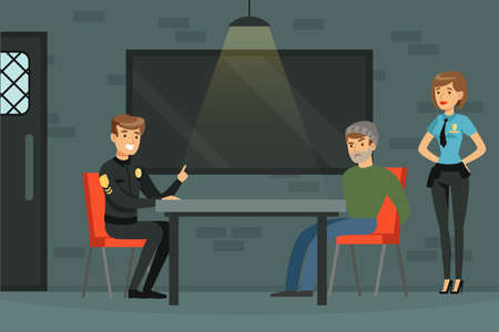 Police Officer Questioning Man Criminal in Prison Sitting at Table Vector Illustrationのイラスト素材