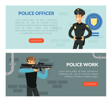 Landing Page with Police Officer Work with Man Aiming with Gun Vector Templateのイラスト素材