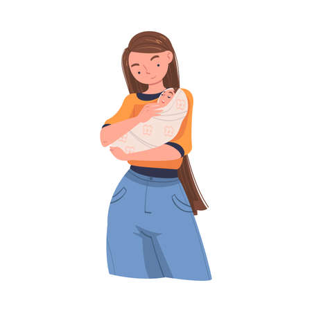 Woman Character Holding Wrapped Baby with Arms Nursing Him Vector Illustrationのイラスト素材