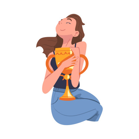 Woman Winner Holding Golden Cup as Trophy and Award Vector Illustrationのイラスト素材