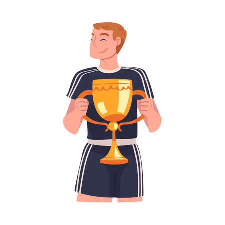 Man Winner Holding Golden Cup as Trophy and Award Vector Illustrationのイラスト素材