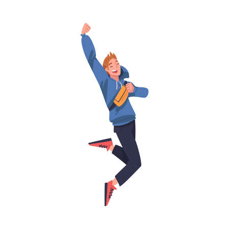 Jumping Man Character Feeling Freedom and Motion Flying in Mid Air Vector Illustrationのイラスト素材