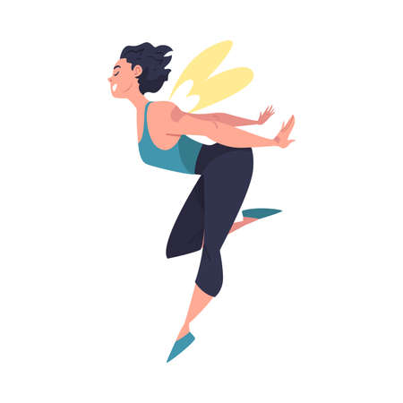 Jumping Woman Character Feeling Freedom and Motion Flying in Mid Air Vector Illustrationのイラスト素材