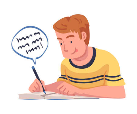 Young Man in Self-isolation Writing Story in Notebook Vector Illustrationのイラスト素材