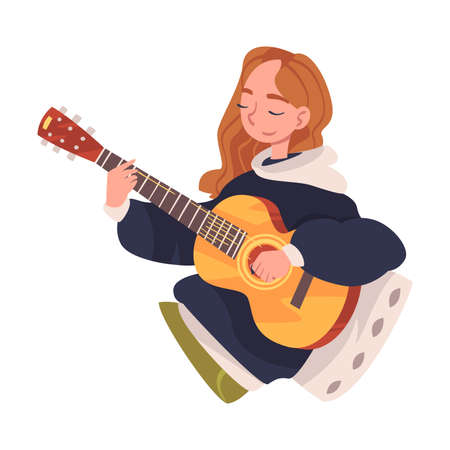 Young Woman in Self-isolation Playing Guitar Leaning on Pillow Vector Illustrationのイラスト素材