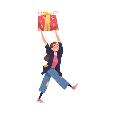 Woman Walking and Carrying Wrapped Birthday Gift Box Celebrating Holiday Vector Illustrationのイラスト素材