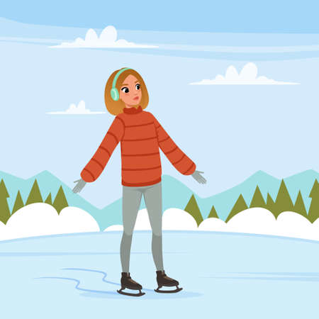Young Woman in Earmuffs Ice Skating on Rink with Mountain Background Scene Vector Illustrationのイラスト素材
