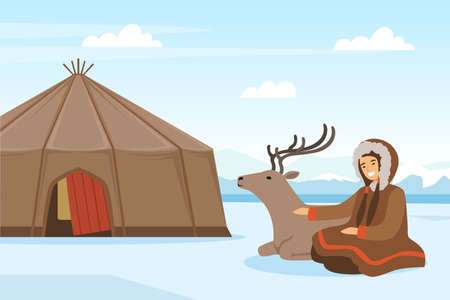 Eskimo Indigenous Woman with Deer Sitting Near Hut Vector Illustrationのイラスト素材