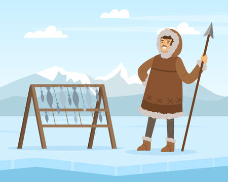 Eskimo Indigenous Man with Spear Near Fish Rack Vector Illustrationのイラスト素材