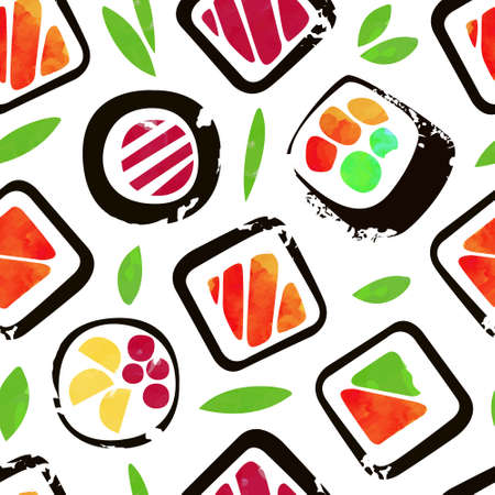 Sushi Bar Design with Traditional Japanese Dish of Rice and Seafood Vector Seamless Pattern Templateのイラスト素材