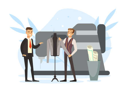 Man Tailor or Fashion Designer Working in Atelier Studio Talking to Client Vector Illustrationのイラスト素材