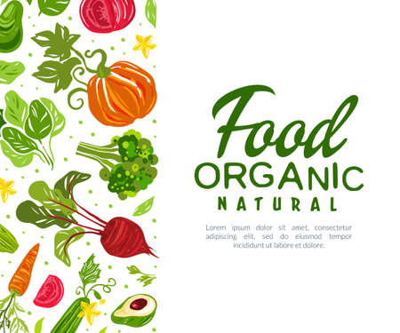 Juicy Vegetables Hand Drawn Design with Raw Seasonal Nutrition Vector Card Templateのイラスト素材