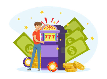 Bad Habit with Man Addicted to Gambling Playing Casino Machine Vector Illustrationのイラスト素材