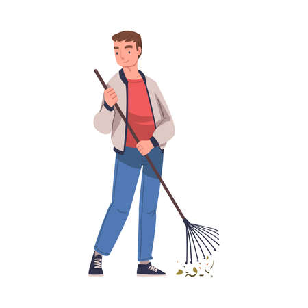Man Character with Rake Collecting Garbage Cleaning Street Vector Illustrationのイラスト素材