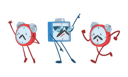 Red and Blue Alarm Clock Character Standing with Raised Hand and Running Vector Illustration Set