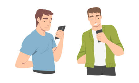 Disappointed with Bad News Man Character Reading Message on Smartphone Vector Illustration Setのイラスト素材