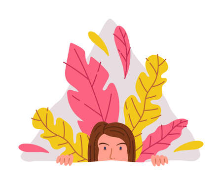 Smiling Woman Peeking Out of Window with Colorful Foliage Vector Illustrationのイラスト素材