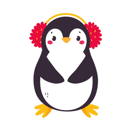 Cute Penguin with Red Cheeks Wearing Earmuffs Standing Vector Illustrationのイラスト素材