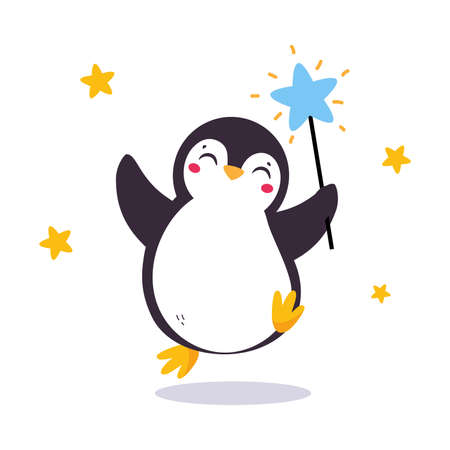 Cute Penguin with Red Cheeks Jumping with Magic Wand Vector Illustrationのイラスト素材