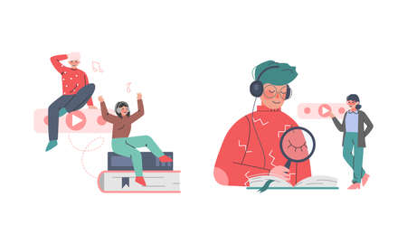 Podcast or Spoken Episodic Serie Listening with Man and Woman Character with Headphones Using Mobile Gadget Vector Illustration Setのイラスト素材