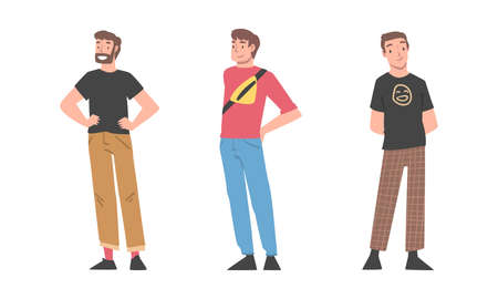 Positive Man Character Standing with Smiling Face Feeling Euphoric and in High Spirits Vector Setのイラスト素材