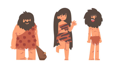 Standing Primitive Man and Woman Character from Stone Age Wearing Animal Skin Vector Illustration Setのイラスト素材