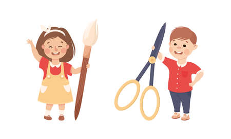 Cute Boy and Girl with Huge Scissors and Paint Brush as School Stationery Vector Illustration Setのイラスト素材