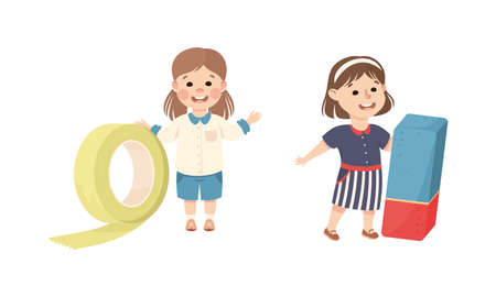 Cute Girl with Huge Eraser and Tape as School Stationery Vector Illustration Setのイラスト素材