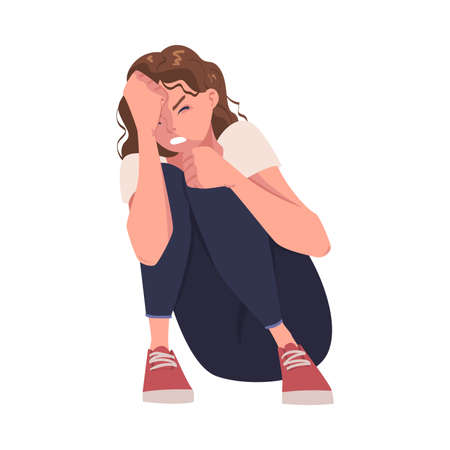 Scared Woman Sitting with Bend Knees Suffering from Abuse and Bullying Vector Illustrationのイラスト素材