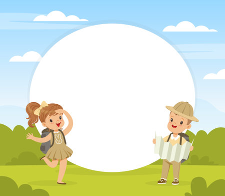 Little Boy and Girl Scout at Summer Camp with Backpack and Map with Empty Round Shape Vector Templateのイラスト素材