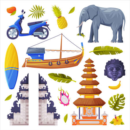 Bali Traditional Cultural Attribute with Pagoda and Ethnic Mask Vector Setのイラスト素材