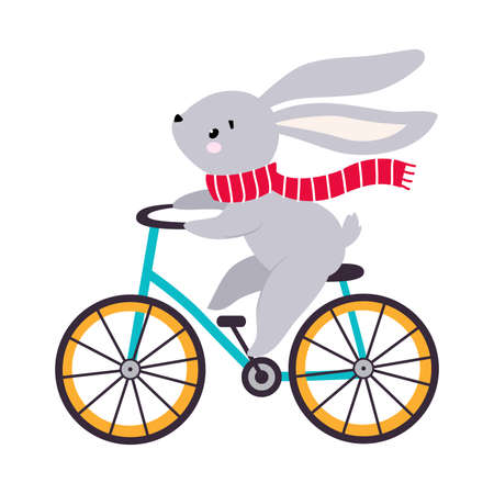 Cute Hare in Scarf Biking or Cycling Riding Bicycle Vector Illustrationのイラスト素材