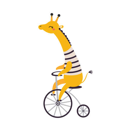 Cute Giraffe in Striped Vest Biking or Cycling Riding Bicycle Vector Illustrationのイラスト素材