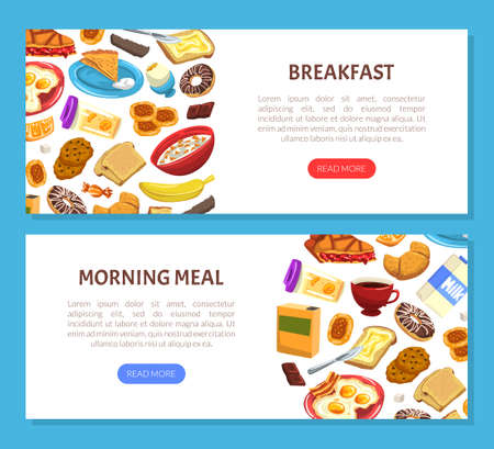 Tasty Breakfast Food and Drink Horizontal Banner Vector Templateのイラスト素材